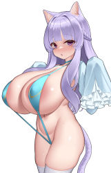 Rule 34 | 1girl, absurdres, animal ears, areola slip, blue one-piece swimsuit, blunt bangs, braid, breasts, cat ears, cat girl, cat tail, cleavage, frilled sleeves, frills, highres, huge breasts, kaedeno yuu, large areolae, light purple hair, long hair, looking at viewer, navel, one-piece swimsuit, original, purple eyes, simple background, slingshot swimsuit, solo, standing, sweatdrop, swimsuit, tail, thighhighs, white background, white thighhighs