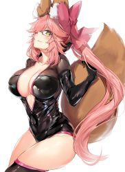 Rule 34 | 1girl, animal ear fluff, animal ears, asymmetrical legwear, black-framed eyewear, black leotard, black thighhighs, blush, bow, breasts, brown eyes, catsuit, center opening, cleavage, covered erect nipples, covered navel, cowboy shot, fang, fang out, fate/grand order, fate (series), fox ears, fox girl, fox tail, glasses, hair bow, hair over one eye, highres, koyanskaya (assassin) (first ascension) (fate), koyanskaya (fate), large bow, large breasts, leotard, long hair, looking at viewer, no bra, parted lips, pink bow, pink hair, semi-rimless eyewear, silver (chenwen), simple background, single thighhigh, smile, solo, swept bangs, tail, tamamo (fate), thighhighs, thighs, tsurime, twintails, under-rim eyewear, uneven legwear, very long hair, white background, yellow eyes