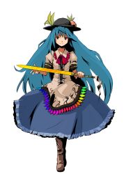 Rule 34 | 1girl, apron, blue hair, boots, bow, bowtie, female focus, food, fruit, hat, hinanawi tenshi, leaf, long hair, peach, puffy sleeves, red eyes, skirt, smile, solo, sword, sword of hisou, touhou, very long hair, weapon, yokohachi