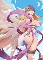 Rule 34 | 1girl, angel, angel girl, angewomon, ass, curvy, day, digimon, digimon (creature), head wings, highres, huge ass, long hair, mask, revealing clothes, shiny skin, skindentation, very long hair, wide hips, wings