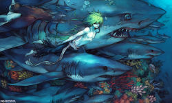 Rule 34 | 1boy, barefoot, colored eyelashes, fish, from side, gills, great white shark, green hair, hair between eyes, hammerhead shark, highres, male focus, nipples, shark, solo, topless male, torn clothes, underwater, watermark, web address, yi lee