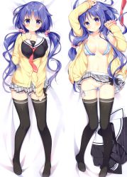Rule 34 | 1girl, absurdres, areola slip, arm up, armpits, bare shoulders, bed sheet, black shirt, black thighhighs, blue bra, blue eyes, blue hair, blue panties, blush, bra, breasts, breasts apart, buttons, cardigan, closed mouth, collarbone, dakimakura (medium), hair ornament, hair scrunchie, hand on own chest, hand up, highres, large breasts, long hair, long sleeves, looking at viewer, low twintails, lying, miniskirt, multiple views, navel, necktie, no shoes, off shoulder, on back, original, panties, panty pull, plaid, plaid skirt, pleated skirt, sailor collar, scan, school uniform, scrunchie, shirt, unworn shirt, side-tie panties, skirt, smile, suimya, thighhighs, twintails, underwear, undone bra, very long hair, yellow cardigan, zettai ryouiki