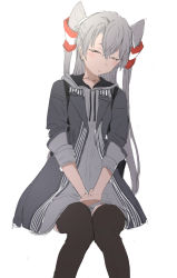 Rule 34 | 1girl, amatsukaze (kancolle), black coat, black thighhighs, coat, dress, grey dress, hair tubes, hood, hooded coat, hooded dress, hoodie, invisible chair, kantai collection, long hair, official alternate costume, silver hair, simple background, sitting, sleeping, solo, thighhighs, two side up, white background, yukiguni yuu