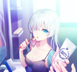 Rule 34 | 1girl, anastasia (fate), bathroom, blue eyes, breasts, cleavage, fate/grand order, fate (series), fingernails, hair over one eye, long hair, mirror, nightgown, patori, silver hair, solo, toothbrush, toothpaste