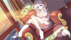 Rule 34 | 1girl, azur lane, blue eyes, breasts, center opening, cleavage, dress, flower, full body, garter straps, halter dress, halterneck, highres, illustrious (azur lane), illustrious (morning star of love and hope) (azur lane), indoors, lace, lace-trimmed dress, lace trim, large breasts, long hair, looking at viewer, official alternate costume, on chair, rose, solo, thighhighs, tri tails, wedding dress, white dress, white flower, white hair, white rose, white thighhighs, ye fn