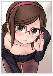 Rule 34 | 10s, 1girl, adjusting eyewear, bad id, bad pixiv id, bent over, blush, breasts, brown eyes, brown hair, brown pantyhose, cameltoe, downblouse, extended downblouse, glasses, gluteal fold, gundam, gundam build fighters, hairband, highres, kousaka china, leaning forward, nipples, no bra, off shoulder, page (824), panties, pantyhose, puffy nipples, ribbed sweater, short hair, small breasts, smile, solo, sweater, thighband pantyhose, underwear, yellow panties