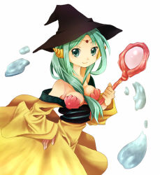Rule 34 | 1girl, aqua eyes, aqua hair, bare shoulders, between breasts, breasts, hat, jewelry, long hair, looking at viewer, magi the labyrinth of magic, magic, off shoulder, robe, shell, shell bikini, simple background, smile, solo, staff, tachibana beni, water, white background, witch hat, yamuraiha