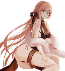 Rule 34 | 1girl, alternate hairstyle, bare shoulders, black dress, black panties, blonde hair, blush, braid, breasts, china dress, chinese clothes, closed mouth, commentary request, cowboy shot, dress, feather boa, from side, garter straps, girls&#039; frontline, gloves, hair ribbon, highres, long hair, looking at viewer, medium breasts, official alternate costume, one breast out, ots-14 (girls&#039; frontline), ots-14 (sangria succulent) (girls&#039; frontline), panties, pelvic curtain, petals, ribbon, ru zhai, simple background, single glove, sitting, smile, solo, underwear, v, very long hair, white background, yellow eyes
