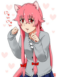 Rule 34 | 1girl, :3, animal ears, artist name, blush, bow, cat ears, cat girl, female focus, gasai yuno, hair bow, hair ornament, heart, long hair, looking at viewer, low-tied long hair, mirai nikki, mitsuki (ranran), open mouth, paw pose, pink hair, pleated skirt, ponytail, red eyes, simple background, skirt, sleeves past wrists, solo, striped, sweater, text focus, translated, twintails, very long hair