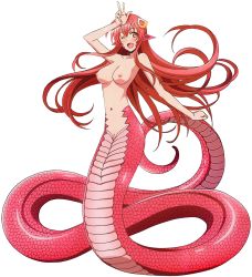 Rule 34 | 10s, 1girl, :d, animal ears, bare arms, blush, breasts, collarbone, female focus, full body, hair ornament, hairclip, highres, lamia, large breasts, long hair, miia (monster musume), monster girl, monster musume no iru nichijou, navel, nipples, nude, open mouth, pointy ears, pussy, red hair, scales, smile, solo, tail, transparent background, wink, yellow eyes