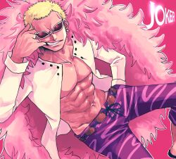 Rule 34 | 1boy, blonde hair, coat, donquixote doflamingo, earrings, english text, feather coat, forced smile, groin, highres, jewelry, long sleeves, male focus, muscular, muscular male, navel, one piece, open clothes, pink background, pink coat, pink theme, re kaisan, shirt, short hair, solo focus, sunglasses, white shirt