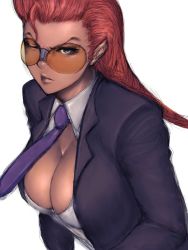 Rule 34 | 1girl, breasts, capcom, cleavage, crimson viper, fumio (rsqkr), large breasts, necktie, one eye closed, open clothes, open shirt, pompadour, red hair, shirt, solo, street fighter, street fighter iv (series), sunglasses, tan, wink