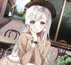 Rule 34 | 1girl, artist name, beige sweater, berrypop, blue eyes, braid, braided bangs, cafe, chair, coffee, commentary request, cup, day, dutch angle, earrings, grey hair, hand to own mouth, head rest, hisakawa hayate, idolmaster, idolmaster cinderella girls, jewelry, lamppost, latte art, long sleeves, looking at viewer, mismatched earrings, outdoors, pom pom (clothes), pom pom earrings, pov across table, ribbed sweater, side braid, sitting, solo, stone walkway, sweater, table, teacup, watch, wristwatch