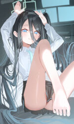 Rule 34 | 1girl, aris (blue archive), barefoot, black hair, blue archive, blue eyes, haruri, highres, long hair, long sleeves, looking at viewer, necktie, shirt, smile, solo, white shirt