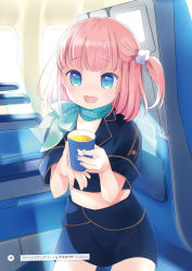 Rule 34 | 1girl, :d, absurdres, airplane interior, artist name, backlighting, blue eyes, blue shirt, blue skirt, collared shirt, cowboy shot, cup, day, disposable cup, drink, hair ornament, highres, hinayuki usa, holding, holding cup, looking at viewer, midriff, navel, one side up, open mouth, original, pink hair, round teeth, seat, shirt, short sleeves, skirt, smile, solo, star (symbol), sunlight, teeth, upper teeth only, window