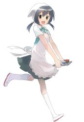 Rule 34 | 1girl, apron, black hair, brown eyes, d-frag!, female focus, full body, funabori, open mouth, running, school uniform, shoes, simple background, smile, socks, solo, twintails, white background, white socks