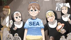 Rule 34 | 6+girls, :&lt;, :d, alternate costume, animal hat, apron, beret, bird, blonde hair, blue eyes, blue shirt, body writing, brown eyes, brown hair, chicken, clumsy nun (diva), commentary, diva (hyxpk), duck, english commentary, flower, froggy nun (diva), glasses, glasses nun (diva), habit, hair flower, hair ornament, hairclip, hat, hedgehog, highres, little nuns (diva), mole, mole on cheek, multiple girls, nun, open mouth, poster (object), red hat, round eyewear, shirt, smile, spicy nun&#039;s mother (diva), strict nun (diva), traditional nun, white shirt, yellow apron