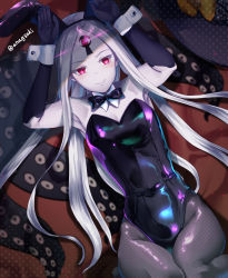 Rule 34 | 1girl, abigail williams (fate), abigail williams (third ascension) (fate), animal ears, aona (anagasaki), bare shoulders, black leotard, blush, breasts, colored skin, covered navel, detached collar, fake animal ears, fate/grand order, fate (series), fishnet pantyhose, fishnets, forehead, grey pantyhose, highleg, highleg leotard, highres, leotard, long hair, looking at viewer, pantyhose, parted bangs, playboy bunny, rabbit ears, rabbit pose, red eyes, small breasts, smile, solo, thighs, white skin, wrist cuffs