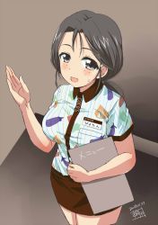 Rule 34 | 10s, 1girl, artist name, brown background, brown skirt, coco&#039;s, collared shirt, commentary, dated, eggplant, freckles, fujimaru arikui, gesture, girls und panzer, grey eyes, grey hair, hair tie, holding, holding menu, logo, long hair, looking at viewer, menu, miniskirt, name tag, one-hour drawing challenge, onion, open mouth, parted bangs, pencil skirt, piyotan (girls und panzer), ponytail, print shirt, shirt, short sleeves, signature, skirt, smile, solo, standing, striped clothes, striped shirt, sweatdrop, vertical-striped clothes, vertical-striped shirt