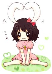 Rule 34 | + +, 1girl, 1st-mn, :3, animal ears, bow, brown hair, rabbit ears, carrot, carrot necklace, character name, dress, female focus, hair bow, heart, inaba tewi, jewelry, necklace, pendant, sitting, solo, touhou, translation request, v arms, wariza