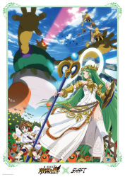 Rule 34 | 1boy, 1girl, ancient greek clothes, armor, blue eyes, brown hair, chiton, dress, green eyes, highres, jewelry, kid icarus, kid icarus uprising, lace, lots of jewelry, nintendo, palutena, pit (kid icarus), shaft (company), shield, single thighhigh, staff, thighhighs, toga, white dress, wings