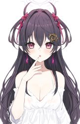Rule 34 | 1girl, :o, absurdres, black hair, blush, breasts, cleavage, commentary request, detached sleeves, dress, earrings, hair between eyes, hair intakes, hair ornament, hair ribbon, halo, hand up, highres, horns, jewelry, looking at viewer, medium breasts, original, parted lips, pointy ears, red ribbon, ribbon, short sleeves, simple background, sleeveless, sleeveless dress, solo, two side up, white background, white dress, white sleeves, yupi (yuyupiko01)