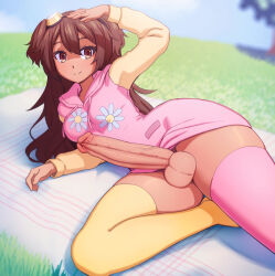 Rule 34 | 1futa, asymmetrical legwear, breasts, brown eyes, brown hair, erection, futanari, goggles, goggles on head, grass, highres, hip focus, hood, hoodie, large penis, long hair, lying, medium breasts, on side, outdoors, penis, pink hoodie, pink thighhighs, sky, smile, solo, tan, testicles, thick thighs, thighhighs, thighs, yellow thighhighs, zoryc