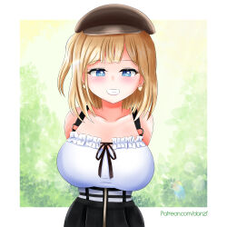 Rule 34 | 1girl, absurdres, arms behind back, artist name, bare shoulders, blonde hair, blue eyes, blush, breasts, danzfloor, earrings, grin, hat, heart, heart earrings, highres, hololive, hololive english, jewelry, large breasts, looking at viewer, medium hair, parted lips, smile, solo, standing, teeth, virtual youtuber, watson amelia