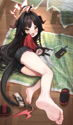Rule 34 | 1girl, absurdres, barefoot, black hair, blue archive, blush, child, comodomodo, feet, highres, horns, kasumi (blue archive), long hair, looking at viewer, map, open mouth, shoes, slippers, soles, tail, toes, unworn shoes, yellow eyes