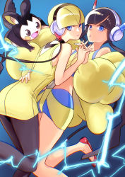 Rule 34 | 2girls, absurdres, bare arms, black hair, blonde hair, blue eyes, blunt bangs, cable, commentary, creatures (company), dress, dual persona, elesa (pokemon), emolga, flats, game freak, gen 5 pokemon, hand up, headphones, highres, holding hands, jacket, leg up, multiple girls, nintendo, off shoulder, open clothes, open jacket, pantyhose, parted lips, pokemon, pokemon (creature), pokemon bw, pokemon bw2, red footwear, sawada2, short hair with long locks, sleeveless, sleeveless dress, yellow dress, yellow jacket