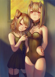 Rule 34 | 2girls, arms behind back, bad id, bad pixiv id, bare shoulders, bdsm, blonde hair, bondage, bound, breasts, chain, cleavage, collar, dress, earrings, elf, facial mark, femdom, garter straps, grin, horns, jewelry, leash, leotard, multiple girls, nail polish, naughty face, navel, necklace, original, pointy ears, red eyes, siblings, side ponytail, sisters, slave, small breasts, smile, tattoo, thighhighs, tyun, yuri