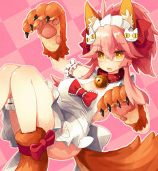 Rule 34 | 1girl, animal ear fluff, animal ears, animal hands, apron, bell, breasts, cat hair ornament, cat paws, collar, fang, fate/grand order, fate (series), fox ears, fox girl, fox tail, gloves, hair ornament, hair ribbon, highres, jingle bell, large breasts, long hair, looking at viewer, maid headdress, naked apron, neck bell, open mouth, paw gloves, paw pose, paw shoes, pink hair, ponytail, red ribbon, ribbon, shoes, sideboob, solo, sorrau, tail, tamamo (fate), tamamo cat (fate), tamamo cat (third ascension) (fate), yellow eyes