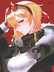 Rule 34 | 1girl, blonde hair, blush, breasts, coat, dress, earrings, eyewear on head, fur-trimmed coat, fur trim, gloves, handot (d yot ), highres, hololive, hololive indonesia, jewelry, kaela kovalskia, large breasts, looking at viewer, looking to the side, medium hair, red-tinted eyewear, red background, red eyes, solo, sunglasses, sweat, tinted eyewear, virtual youtuber, white dress