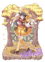 Rule 34 | 1girl, :3, arm up, artist name, autumn leaves, bee hair ornament, bell, black footwear, black hair, blush, borrowed character, bow, bowtie, brown eyes, capelet, checkered capelet, commentary request, commission, commissioner name, falling leaves, full body, furrowed brow, hair ornament, hairclip, hand on own head, hat, hat ribbon, headwear request, highres, jingle bell, leaf, long hair, long sleeves, mary janes, neck bell, open mouth, orange capelet, orange hat, orange skirt, original, outdoors, plaid hat, puffy long sleeves, puffy sleeves, red bow, red bowtie, ribbon, shirt, shirt tucked in, shoes, sidelocks, skeb commission, skirt, solo, thank you, thighhighs, toromi (toromix2), tree, white ribbon, white shirt, yellow thighhighs