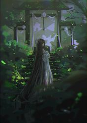 Rule 34 | 1girl, absurdly long hair, bare shoulders, black hair, blurry, blurry foreground, commentary request, day, depth of field, dress, long hair, looking at viewer, looking back, miemia, moss, nature, original, outdoors, plant, profile, stairs, standing, stone stairs, underwear, very long hair, white dress