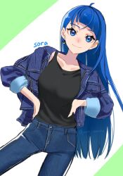 Rule 34 | 1girl, aged up, bare shoulders, blue eyes, blue hair, blue jacket, blue pants, breasts, character name, cleavage, collarbone, commentary request, cowboy shot, cut bangs, denim, denim jacket, dutch angle, earrings, hands on own hips, highres, hirogaru sky! precure, jacket, jeans, jewelry, long hair, long sleeves, medium breasts, open clothes, open jacket, pants, precure, sketch, sleeveless, smile, solo, sora harewataru, twitter username, yumi san0112
