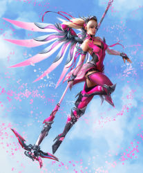 Rule 34 | 1girl, armor, blizzard (company), breasts, cleavage, day, faulds, flying, from side, full body, glowing, greaves, hair between eyes, halo, halterneck, highres, long hair, looking at viewer, mechanical halo, official alternate costume, outdoors, overwatch, overwatch 1, pink mercy, pink thighhighs, realistic, solo, thighhighs