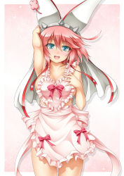 Rule 34 | 1girl, apron, arm up, armpits, blue eyes, blush, breasts, cowboy shot, elphelt valentine, gradient background, guilty gear, guilty gear xrd, hairband, heart, highres, large breasts, looking at viewer, naked apron, pink hair, roura, short hair, smile, spikes