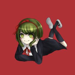 Rule 34 | 1girl, black dress, black footwear, blush, bow, bowtie, calf socks, child, danganronpa (series), danganronpa another episode: ultra despair girls, dress, feet up, female focus, full body, green eyes, green hair, hair bow, hair ribbon, hairband, hand up, head on hand, headband, highres, legs, long sleeves, looking at viewer, lying, mary janes, matching hair/eyes, neck ribbon, on stomach, red background, red bow, red hairband, red headband, red headwear, red ribbon, ribbon, shoes, simple background, swastika, the pose, towa monaca, white footwear
