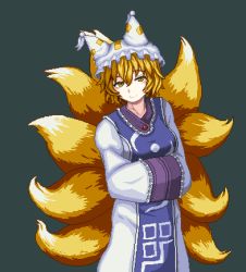 Rule 34 | 1girl, animal hat, blonde hair, closed mouth, cowboy shot, dress, fox tail, frilled sleeves, frills, hair between eyes, hands in opposite sleeves, hat, long sleeves, looking at viewer, lowres, mob cap, multiple tails, pixel art, short hair, simple background, smile, solo, standing, tabard, tail, touhou, unk kyouso, white dress, wide sleeves, yakumo ran, yellow eyes
