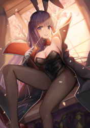 Rule 34 | 1girl, alternate costume, animal ears, bare shoulders, bb (fate), bb (fate/extra), black coat, black hairband, black leotard, black pantyhose, bow, bowtie, breasts, coat, covered navel, detached collar, fake animal ears, fate/extra, fate/extra ccc, fate (series), gloves, hairband, highres, holding, holding wand, large breasts, leotard, long hair, pantyhose, playboy bunny, purple eyes, purple hair, rabbit ears, red bow, red bowtie, red ribbon, ribbon, sitting, solo, strapless, strapless leotard, sunga2usagi, very long hair, wand, white gloves