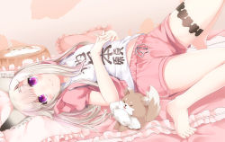 Rule 34 | 1girl, nanashi inc., animal ear fluff, animal ears, animare, barefoot, blush, hair ornament, hairpin, highres, jacket, long hair, looking at viewer, lying, on back, open clothes, open jacket, own hands together, pink jacket, pink shorts, purple eyes, sch, shiromiya mimi, shirt, short shorts, short sleeves, shorts, silver hair, solo, virtual youtuber, white shirt