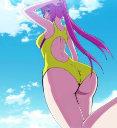 Rule 34 | 10s, 1girl, anime screenshot, ass, back, competition swimsuit, highres, keijo!!!!!!!!, long hair, one-piece swimsuit, pink hair, sky, smile, solo, stitched, swimsuit, third-party edit, tsukishita usagi