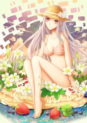 Rule 34 | 1girl, absurdres, bad id, bad pixiv id, barefoot, bikini, breasts, brown eyes, cleavage, collarbone, cream, flower, food, fruit, full body, gu liang dun grain, hat, hat flower, head tilt, highres, legs, lily (flower), long hair, navel, original, pancake, silver hair, sitting, smile, solo, strawberry, strawberry blossoms, striped bikini, striped clothes, swimsuit, toes, wrist cuffs