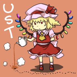 Rule 34 | 1girl, ant, bad id, bad pixiv id, blonde hair, blouse, bug, dress, dropping, flandre scarlet, hat, insect, red background, red dress, red eyes, red shirt, red skirt, ribbon, shirt, shoes, short hair, side ponytail, skirt, solo, teapot, touhou, wings, yagimiwa