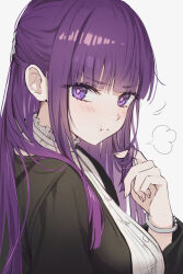 Rule 34 | 1girl, :t, black coat, blunt bangs, butterfly hair ornament, buttons, closed mouth, coat, collar, cut bangs, dress, fern (sousou no frieren), frilled collar, frills, hair ornament, twirling hair, highres, long hair, long sleeves, looking at viewer, playing with own hair, pout, puff of air, purple eyes, purple hair, sidelocks, solo, sousou no frieren, straight hair, tokkyu, upper body, white background, white dress