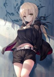 Rule 34 | 1girl, artoria pendragon (all), artoria pendragon (fate), belt, black ribbon, black shirt, black shorts, blonde hair, breasts, fate/grand order, fate/stay night, fate (series), hair ribbon, hands in pockets, hood, hood down, hoodie, jewelry, large breasts, long hair, long sleeves, looking at viewer, midriff, navel, official alternate costume, oukatihiro, pendant, ponytail, ribbon, saber (fate), saber alter, saber alter (ver. shinjuku 1999) (fate), shirt, shorts, solo, standing, yellow eyes