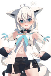 Rule 34 | 1girl, ahoge, animal ears, aqua eyes, black shorts, blue neckerchief, blush, braid, breasts, commentary request, detached sleeves, earrings, fox ears, fox girl, fox tail, front slit, frown, glaring, hair between eyes, hands on own hips, highres, hololive, hood, hooded vest, hoodie, jewelry, long hair, long sleeves, looking at viewer, medium breasts, midriff peek, navel, neckerchief, open mouth, puff of air, shaded face, shirai yu, shirakami fubuki, shirakami fubuki (1st costume), short shorts, shorts, side braid, sidelocks, simple background, single earring, solo, tail, vest, virtual youtuber, white background, white hair, white sleeves, wide sleeves