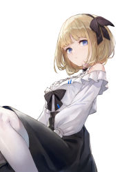 Rule 34 | 1girl, bare shoulders, black bow, black hairband, black ribbon, black skirt, blue eyes, blush, bow, closed mouth, commentary, english commentary, hair ribbon, hairband, high-waist skirt, highres, knee up, kobuta, looking at viewer, original, pantyhose, puffy short sleeves, puffy sleeves, ribbon, shirt, short sleeves, simple background, sitting, skirt, solo, white background, white pantyhose, white shirt
