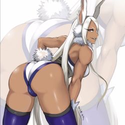 Rule 34 | 1girl, animal ears, ass, bare shoulders, bent over, blue thighhighs, boku no hero academia, breasts, dark-skinned female, dark skin, grin, large breasts, leaning forward, long hair, looking back, mirko, muscular, muscular female, rabbit ears, rabbit girl, rabbit tail, shibusun, smile, solo, tail, thighhighs, white hair, zoom layer